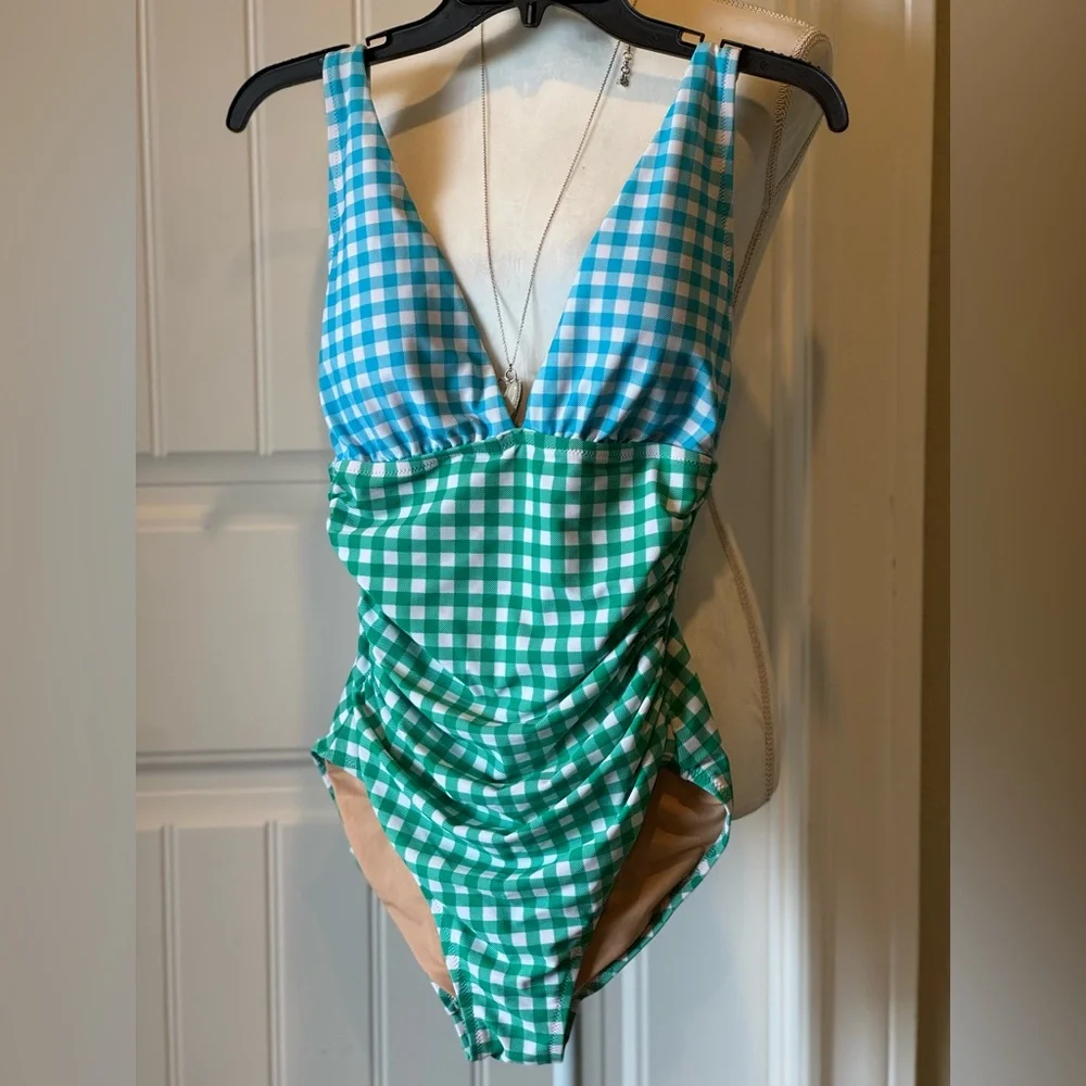 NWOT J. Crew Gingham One Piece - Blue & Green SZ SM